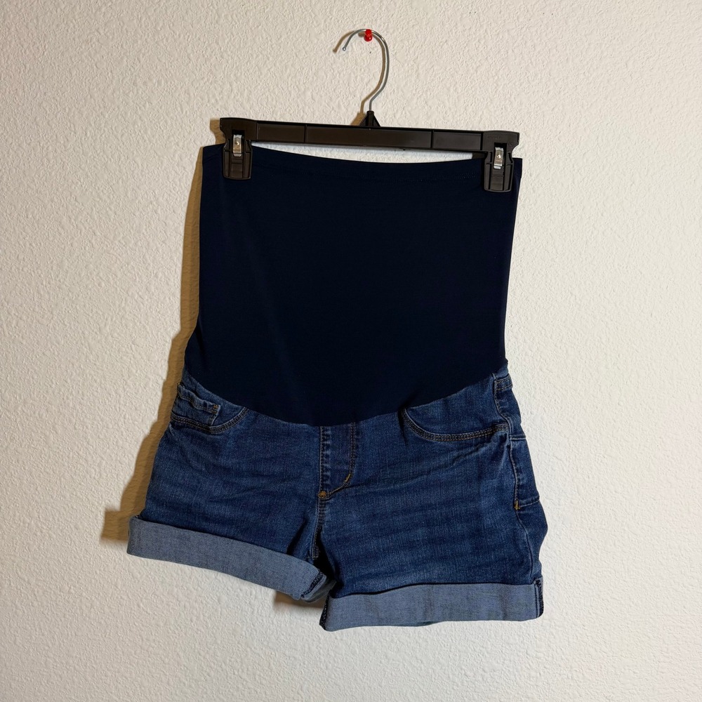 Song Maternity Blue Denim Cuffed Shorts‎ Full Belly Band Size S Medium Wash